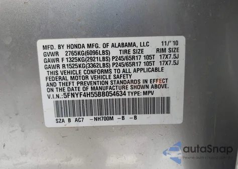 2011 Honda Pilot Ex-L z USA, uszkodzony, nr VIN 5FNYF4H55BB054634
